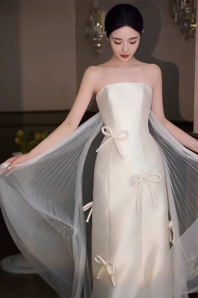 Strapless Satin Wedding Dresses With Bows, Simple Elegant Wedding Dres ClaireBridal Strapless Satin Wedding Dresses With Bows, Simple Elegant Wedding Dres ClaireBridal