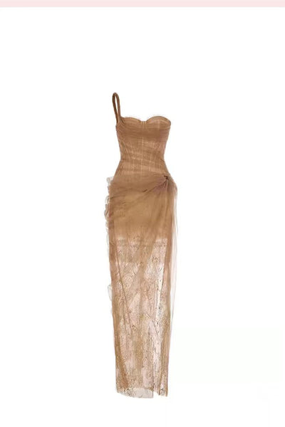 One Shoulder Dark Champagne Lace Tulle Fitted Gown, Newest Long Prom Dresses, Formal Wear