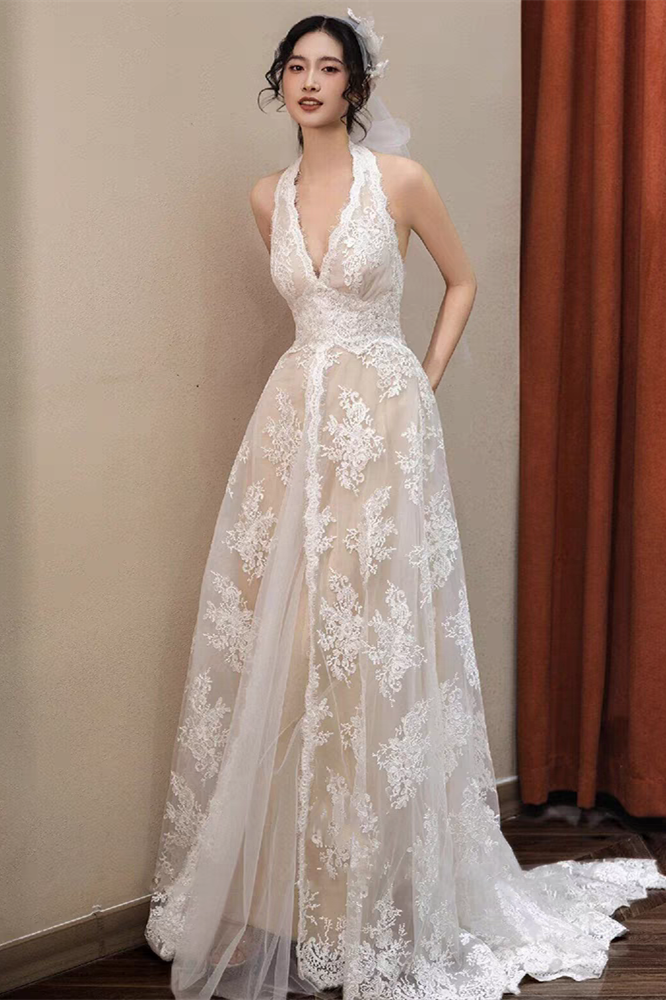 Plunge A-line Lace Wedding Dresses, Halter Classic Wedding Gown, Brida – ClaireBridal