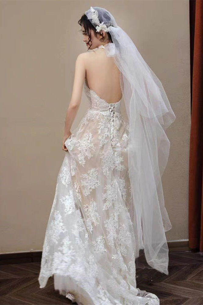 Plunge A-line Lace Wedding Dresses, Halter Classic Wedding Gown, Brida ClaireBridal Plunge A-line Lace Wedding Dresses, Halter Classic Wedding Gown, Brida ClaireBridal