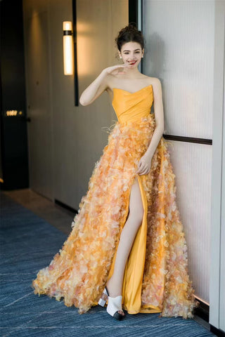 Strapless Floral A-line Gown, Long Prom Dresses, Princess Dresses, Graduation Dresses, Party Dresses