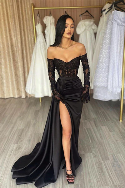 Off Shoulder Black Lace Satin Gown, High Side Slit Sexy Prom Dresses L ClaireBridal Off Shoulder Black Lace Satin Gown, High Side Slit Sexy Prom Dresses L ClaireBridal