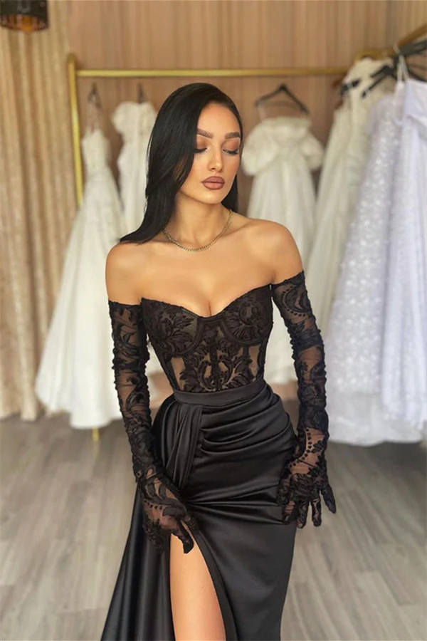 Off Shoulder Black Lace Satin Gown, High Side Slit Sexy Prom Dresses L –  ClaireBridal