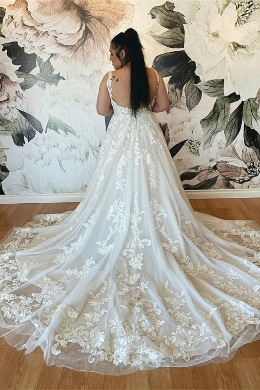 V-neck Lace Tulle Wedding Dresses, Bridal Gown With Bones, Backless We ClaireBridal V-neck Lace Tulle Wedding Dresses, Bridal Gown With Bones, Backless We ClaireBridal