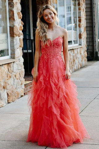 Strapless Puffy Newest Long Prom Dresses, 2025 Sweetheart Lace Bridesmaid Dresses