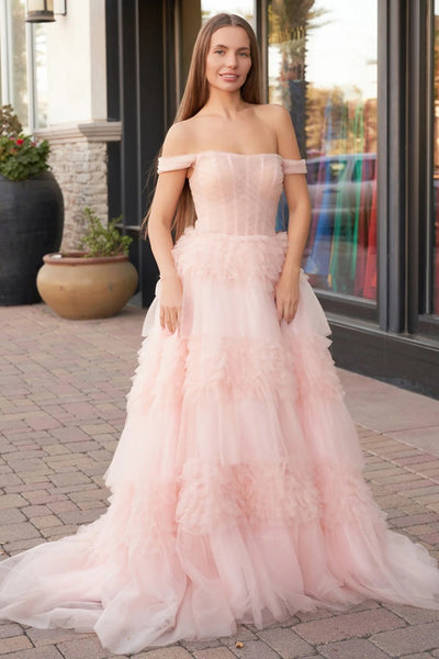 Off The Shoulder A-line Newest Long Prom Dresses, Pink Tulle Fashion 2025 Wedding Dresses