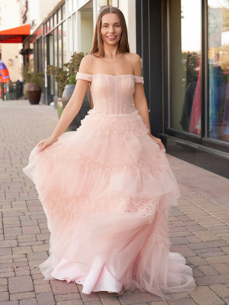 Off The Shoulder A-line Newest Long Prom Dresses, Pink Tulle Fashion 2025 Wedding Dresses