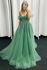 A-line Tulle Girl Party Dresses, Off The Shoulder Wedding Guest Dresses, Lace Newest Long Prom Dresses