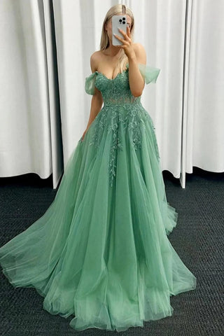 A-line Tulle Girl Party Dresses, Off The Shoulder Wedding Guest Dresses, Lace Newest Long Prom Dresses