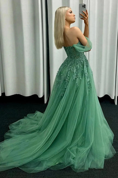 A-line Tulle Girl Party Dresses, Off The Shoulder Wedding Guest Dresses, Lace Newest Long Prom Dresses