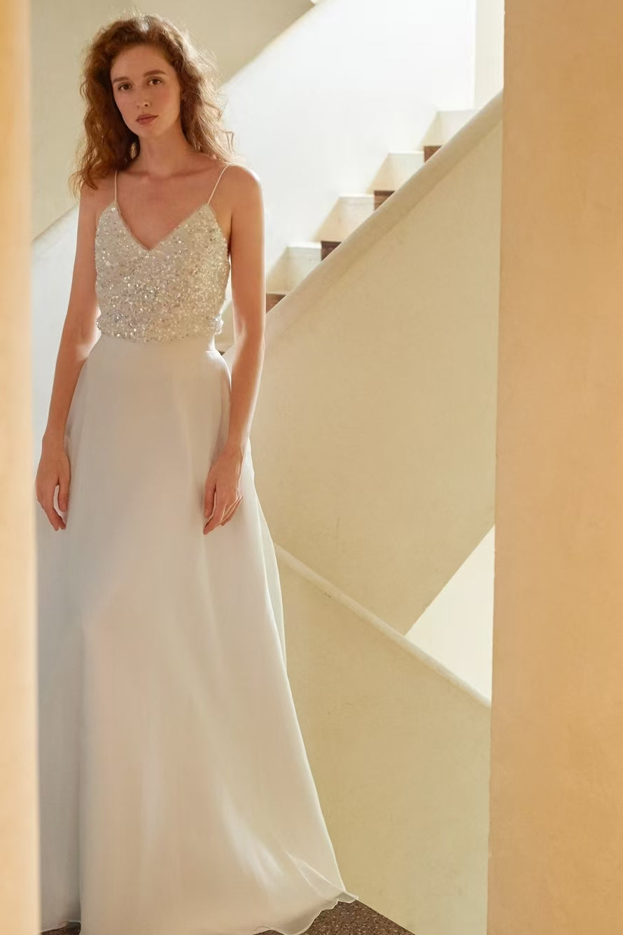 Spaghetti V-neck Shiny Sequin Beaded Top Wedding Dresses, Chic Bridal ClaireBridal Spaghetti V-neck Shiny Sequin Beaded Top Wedding Dresses, Chic Bridal ClaireBridal