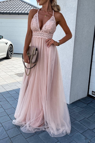 Deep V-neck Newest Long Prom Dresses, Lace A-line Bridesmaid Dresses, Tulle Evening Party Dresses