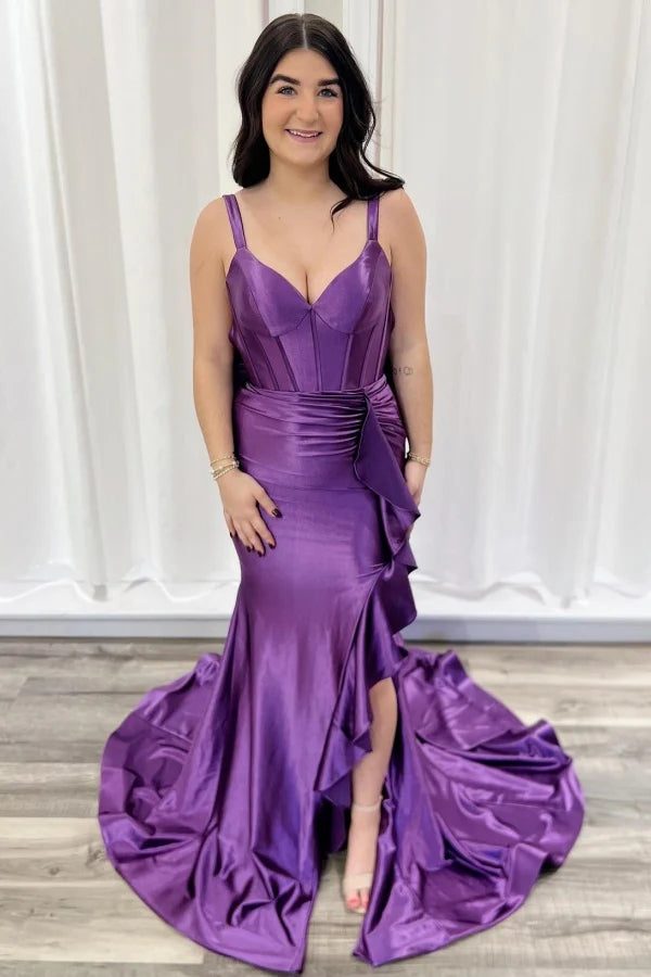 V-neck Purple Mermaid Prom Dresses With Ruffles, Chic Long Prom Dresses, 2025 Prom Dresses