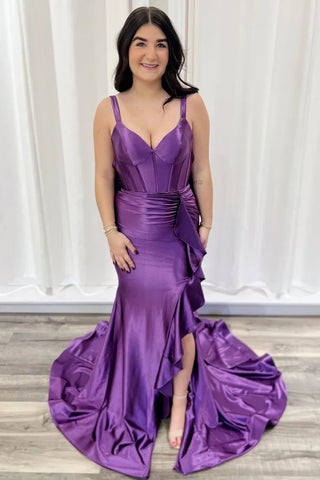 V-neck Purple Mermaid Prom Dresses With Ruffles, Chic Long Prom Dresses, 2025 Prom Dresses