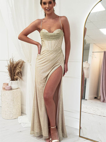 Champagne Gold Shiny Long Fitted Gown, Sexy Prom Dresses, Evening Dresses, Party Dresses, Concert Wear, 2024 Prom Dresses