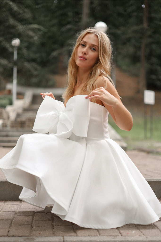 Cute Bow A-line Mini Wedding Dresses, Reciption Dresses, Homecoming Dr ClaireBridal Cute Bow A-line Mini Wedding Dresses, Reciption Dresses, Homecoming Dr ClaireBridal