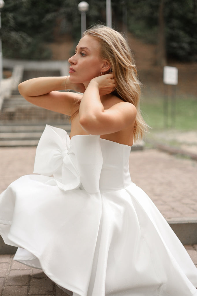 Cute Bow A-line Mini Wedding Dresses, Reciption Dresses, Homecoming Dr ClaireBridal Cute Bow A-line Mini Wedding Dresses, Reciption Dresses, Homecoming Dr ClaireBridal