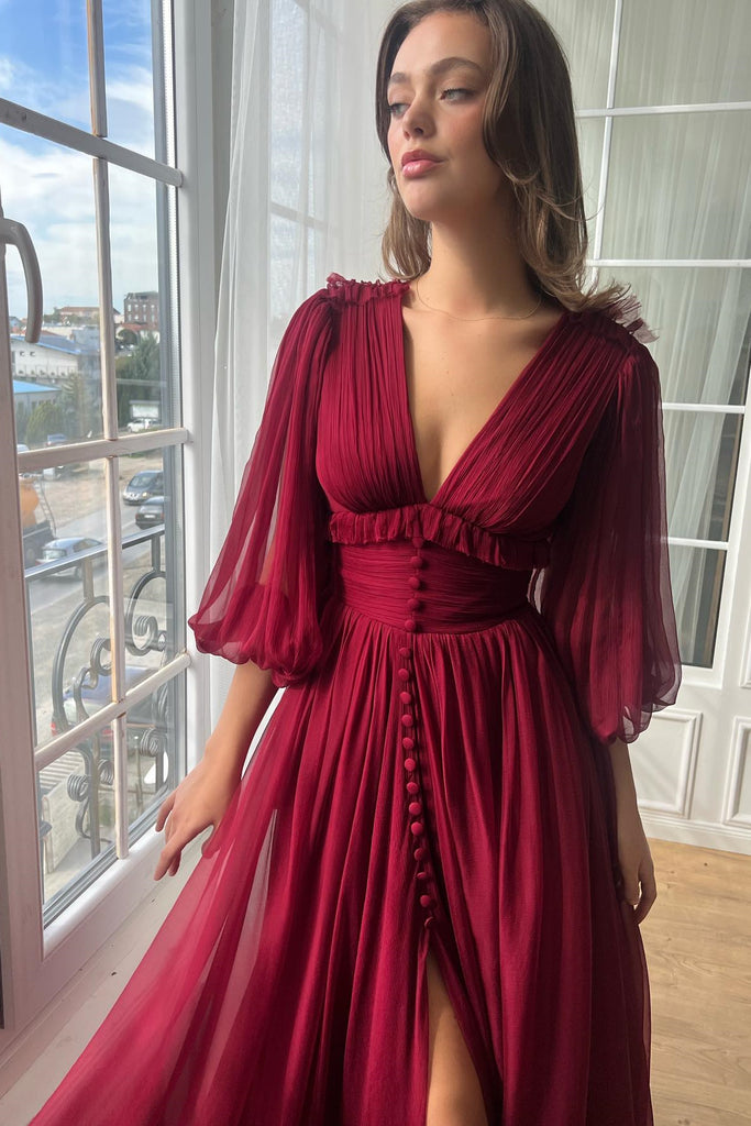 Burgundy Deep V-neck A-line Prom Dresses, Bridesmaid Dresses, Wedding ClaireBridal Burgundy Deep V-neck A-line Prom Dresses, Bridesmaid Dresses, Wedding ClaireBridal