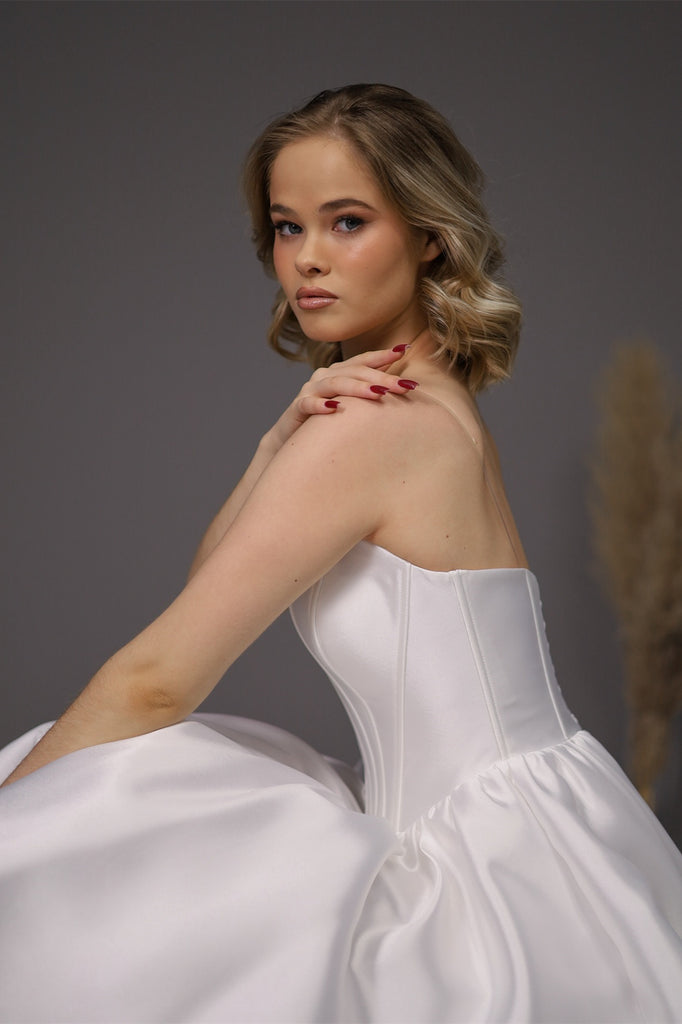 Strapless Ivory Satin Mini Wedding Dresses, Corset Bones Mini Dresses, ClaireBridal Strapless Ivory Satin Mini Wedding Dresses, Corset Bones Mini Dresses, ClaireBridal
