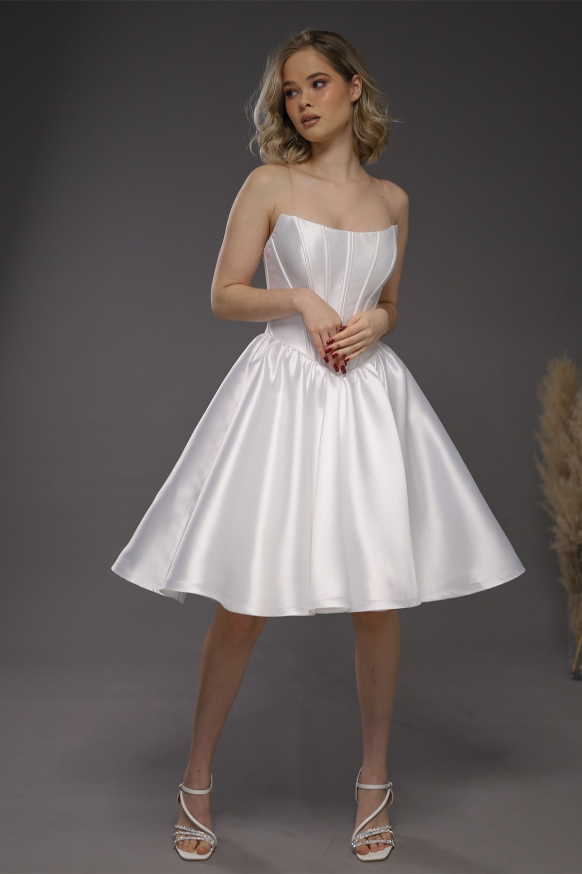 Strapless Ivory Satin Mini Wedding Dresses, Corset Bones Mini Dresses, ClaireBridal Strapless Ivory Satin Mini Wedding Dresses, Corset Bones Mini Dresses, ClaireBridal