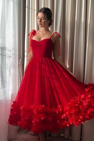 Red Spaghetti Long A-line Red Tulle Prom Dresses, Midi Dresses, Party Dresses, Newest Prom Dresses