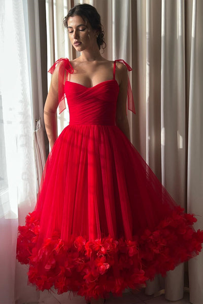 Red Spaghetti Long A-line Red Tulle Prom Dresses, Midi Dresses, Party Dresses, Newest Prom Dresses