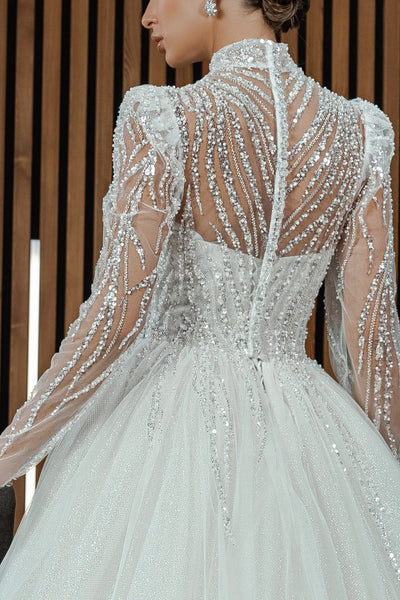 High Neck Sequin Tulle Wedding Dresses, A-line Bridal Gown, Shiny Wedding Dresses