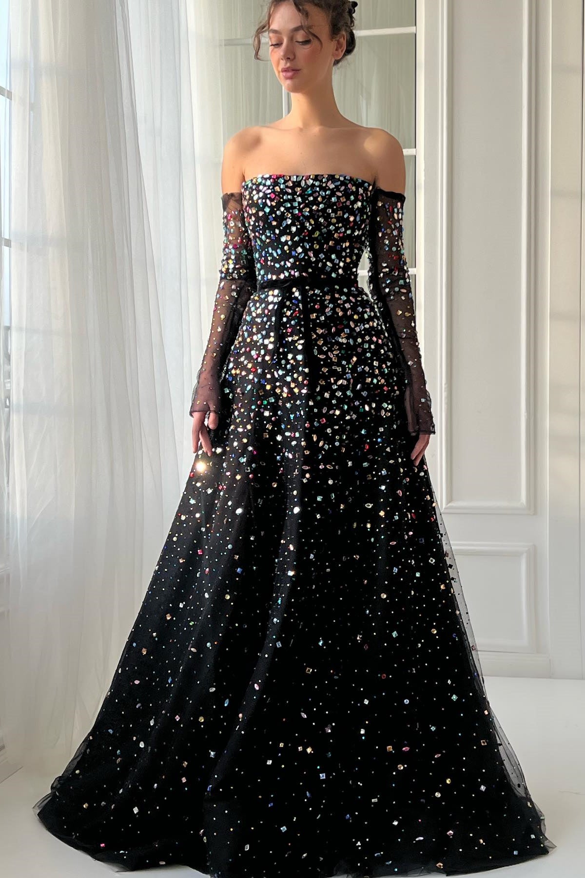 Off the Shoulder A-line Black Maxi Dresses WIth Colorful Rhinestones, ClaireBridal Off the Shoulder A-line Black Maxi Dresses WIth Colorful Rhinestones, ClaireBridal