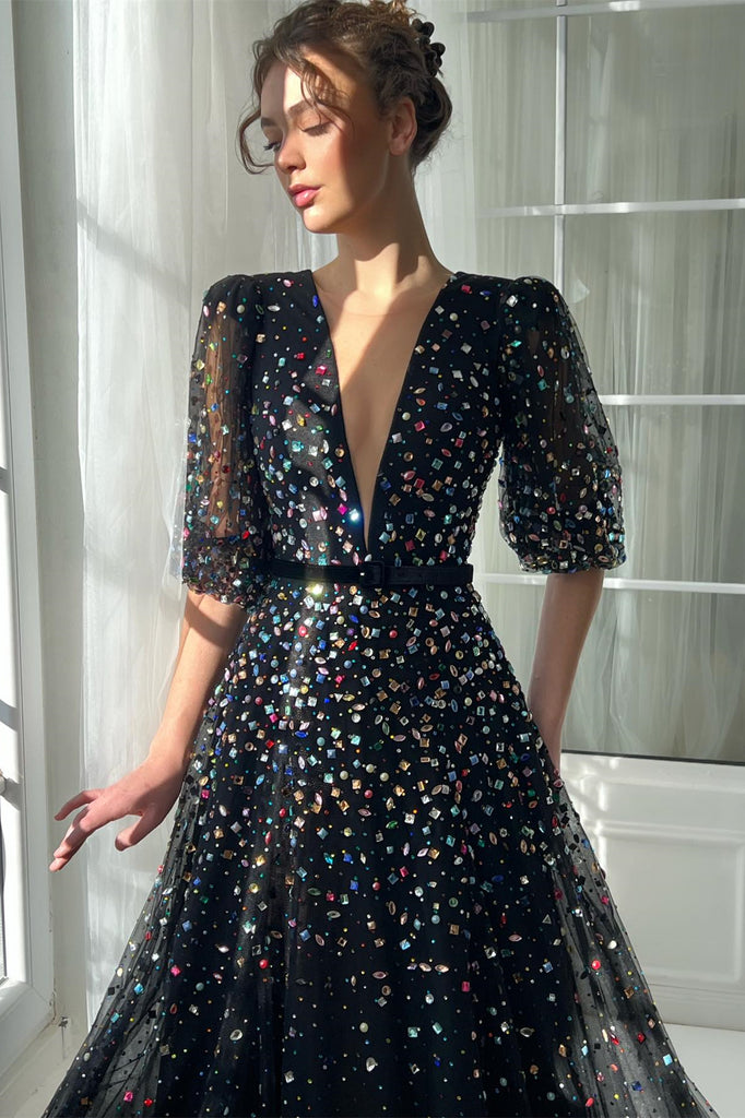 Deep V-neck Bubble Sleeves Colorful Rhinestones Prom Dresses, Black Ma ClaireBridal Deep V-neck Bubble Sleeves Colorful Rhinestones Prom Dresses, Black Ma ClaireBridal