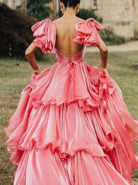 Square Neckline Pinky Ruffled Prom Dresses, Princess Dresses, Dreamy 2024 Prom Dresses, Evening Dresses, Unique Wedding Gown