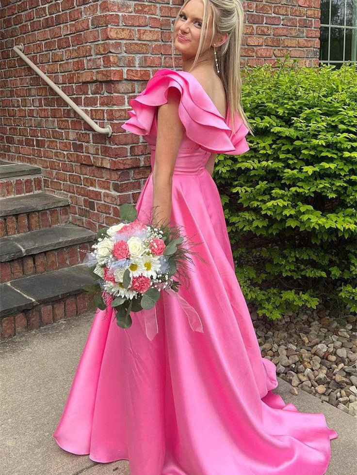 Hot Pink Ruffled Satin Prom Dresses, Long Prom Dresses, Princess Dress   ClaireBridal