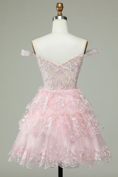 Pink Off the Shoulder Lace Tulle Homecoming Dresses, Newest Short Prom Dresses