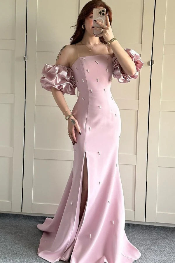 Pink Mermaid Long Prom Dresses With Puffy Sleeves, Side Slit Prom Dresses, Newest Prom Dresses