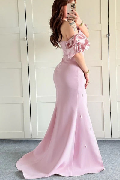 Pink Mermaid Long Prom Dresses With Puffy Sleeves, Side Slit Prom Dresses, Newest Prom Dresses