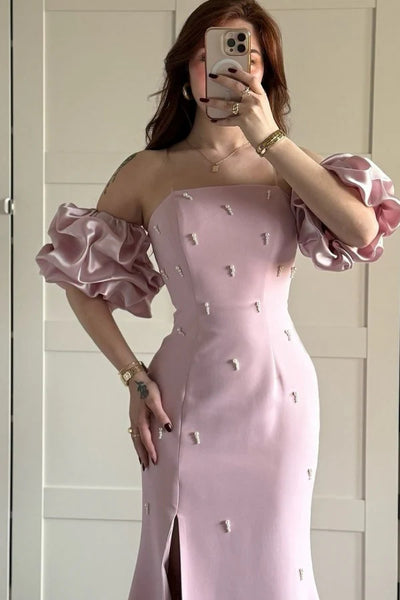 Pink Mermaid Long Prom Dresses With Puffy Sleeves, Side Slit Prom Dresses, Newest Prom Dresses