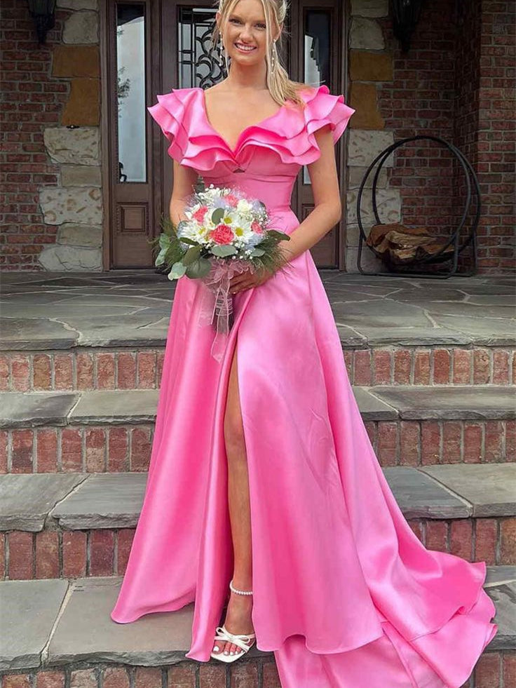 Hot Pink Ruffled Satin Prom Dresses, Long Prom Dresses, Princess Dress – ClaireBridal
