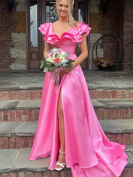 Hot Pink Ruffled Satin Prom Dresses, Long Prom Dresses, Princess Dresses, 2024 Prom Dresses