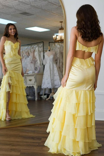 Spaghetti Yellow Mermaid Ruffles Prom Dresses, Lovely Graduation Party Dresses, Sweet 16 Dresses, Long Prom Dresses