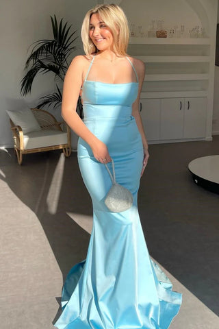 Halter Baby Blue Long Mermaid Prom Dresses, Popular Long Bridesmaid Dresses, Evening Dresses, Party Dresses