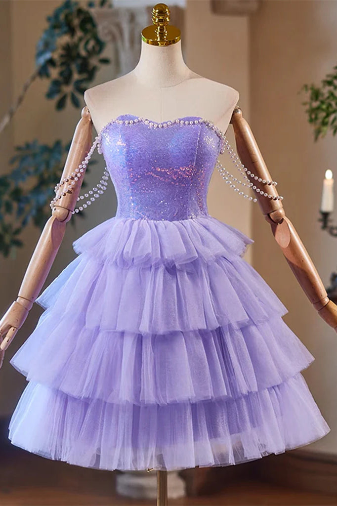 Sweetheart Shiny Sequin Top Mini Dresses With Pearls Sleeves, Cute Homecoming Dresses, Short Prom Dresses