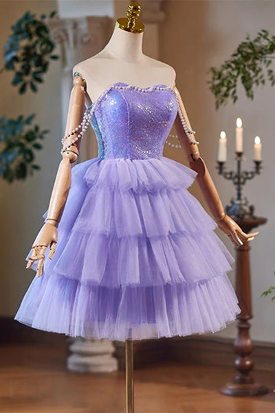 Sweetheart Shiny Sequin Top Mini Dresses With Pearls Sleeves, Cute Homecoming Dresses, Short Prom Dresses