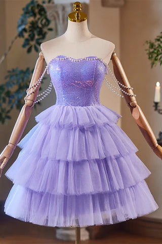 Sweetheart Shiny Sequin Top Mini Dresses With Pearls Sleeves, Cute Homecoming Dresses, Short Prom Dresses