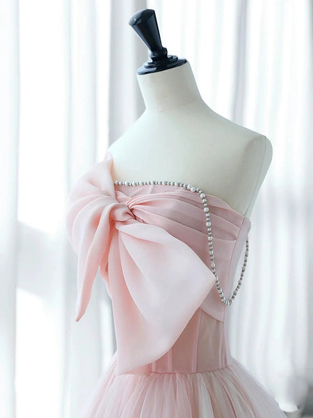 pink bow prom dress A-Line Strapless Satin Pleated Long Formal Pink / 6 line silhouette that gently skims the body Hot Pink Strapless Mermaid Prom