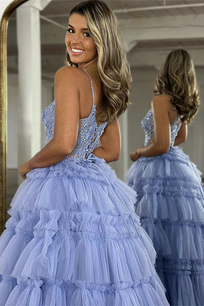 Spaghetti Long A-line Ruffles Prom Dresses, Lace Appliques Prom Dresses, Newest Prom Dresses