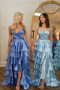 Spaghetti Long A-line Soft Satin Prom Dresses WIth Ruffles, Newest Formal Evening Dresses
