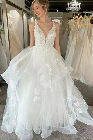 Deep V-neck A-line Lace Tulle Wedding Dresses, Fairy Wedding Gown, 2025 Bridal Gown