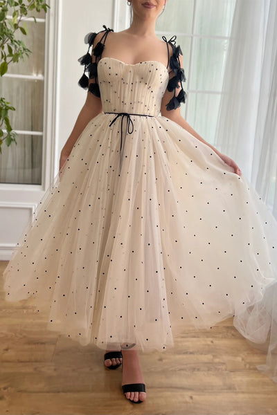 Beige Dotted A-line Prom Dresses With Straps, Cute Midi Dresses, Party Dancing Dresses