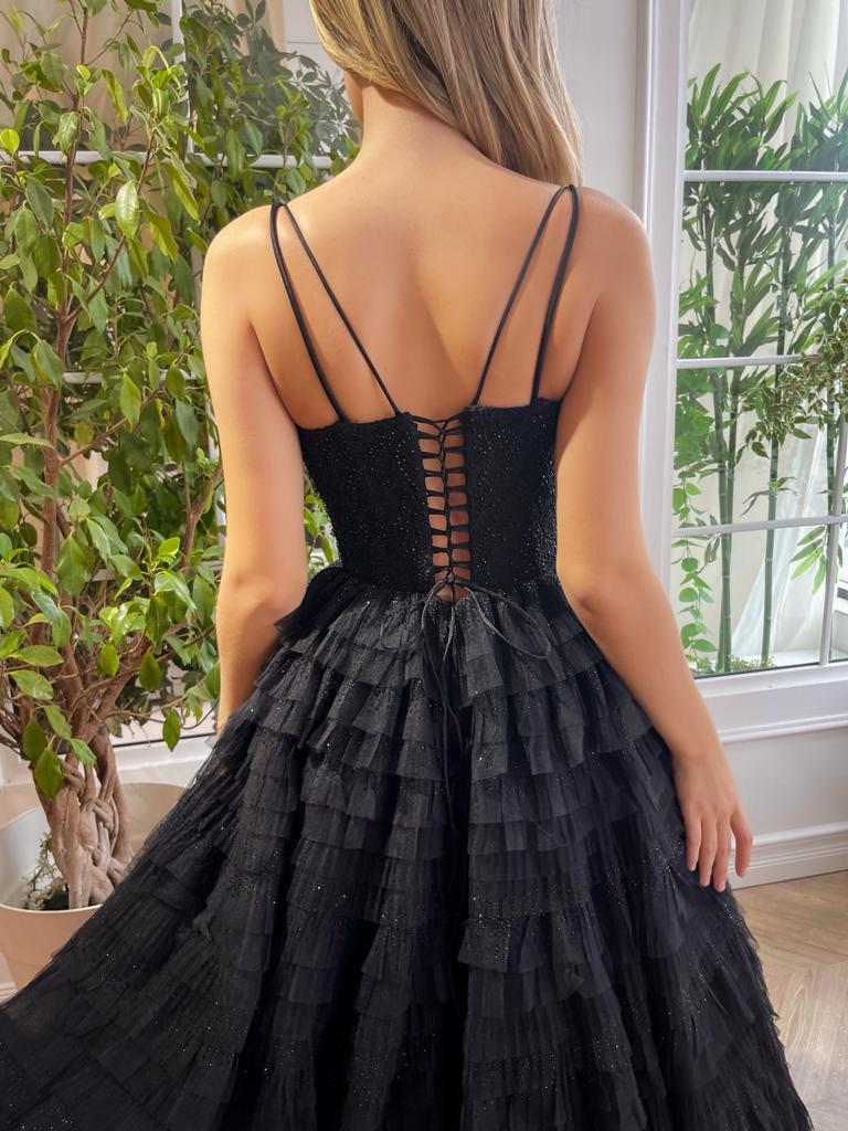 Ruffled Black Lace Beaded Prom Dresses, Shiny Sequin Tulle Ruffle Gown –  ClaireBridal