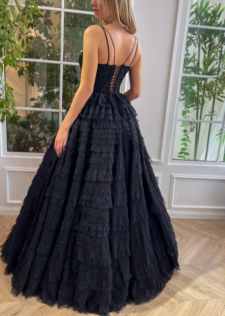 Ruffled Black Lace Beaded Prom Dresses, Shiny Sequin Tulle Ruffle Gown   ClaireBridal
