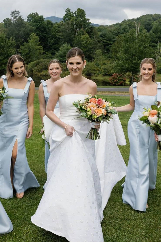 Light Blue Satin Mermaid Bridesmaid Dresses With Bows, Elegant Square ClaireBridal Light Blue Satin Mermaid Bridesmaid Dresses With Bows, Elegant Square ClaireBridal
